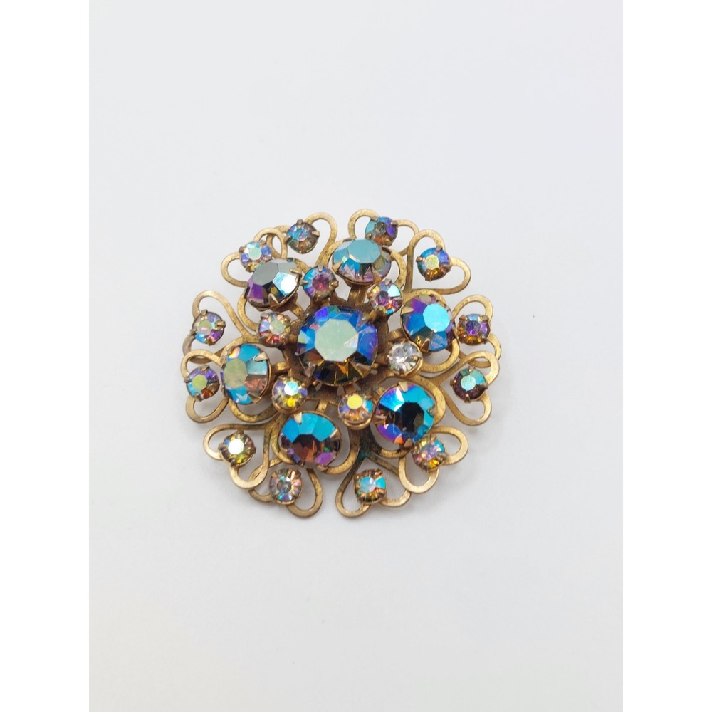 Aurora Borealis Rhinestone Brooch Gold Filigree Flower Grandmillennial Vintage - Picture 3 of 12